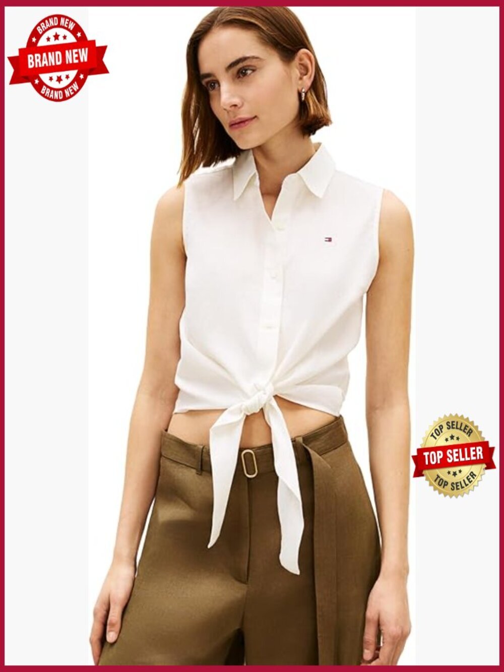 Sleeveless Linen Button Down Top with Tie Front